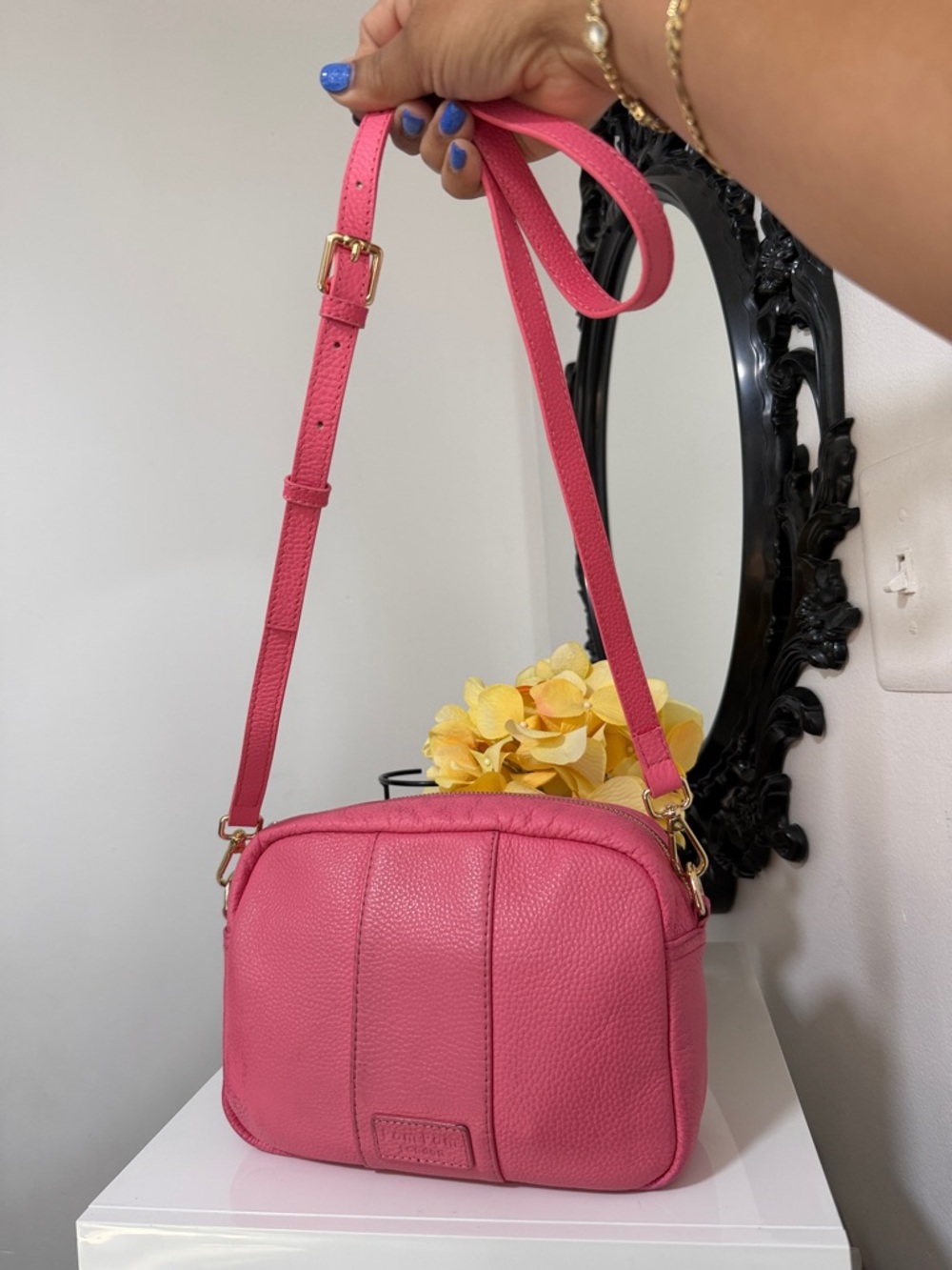 Pom Pom London Bright Pink Pebbled Leather Crossbody Bag for Women